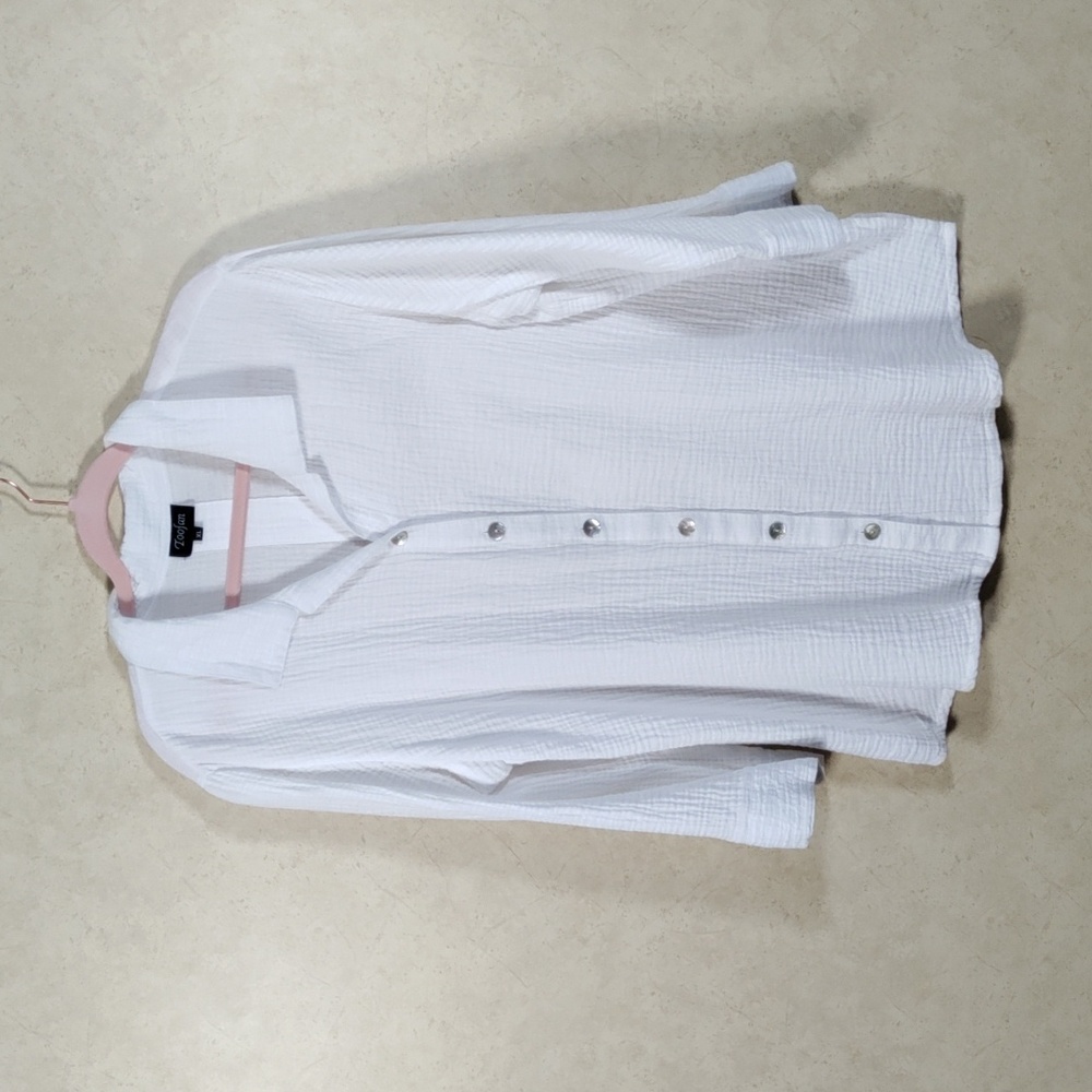 04172 Toofan white pebbled cotton button front tunic blouse XL